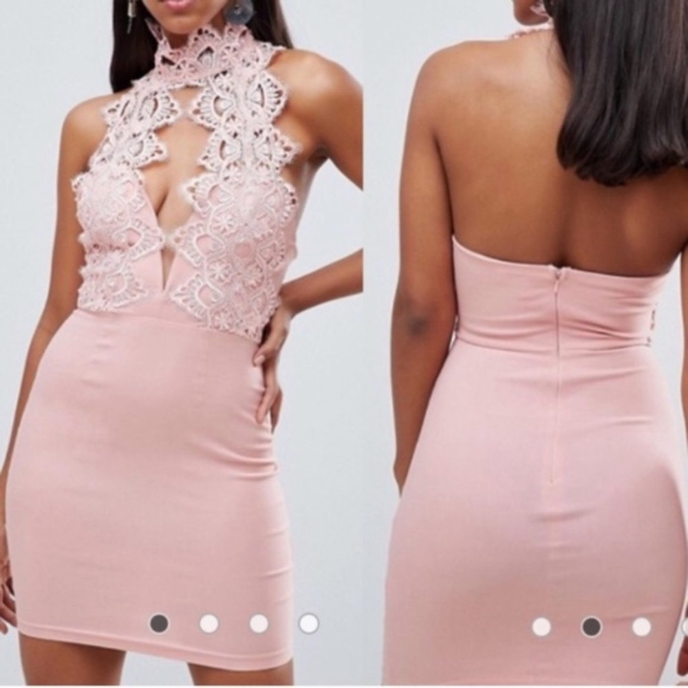 ASOS Rare London Pink High Neck Lace Mini Dress